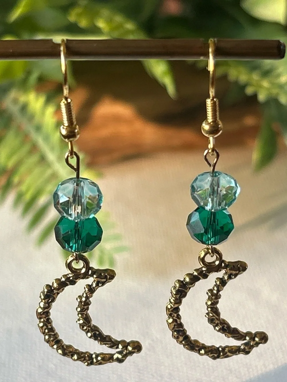 Gold Crescent Moon Dangle Earrings with Teal and Aqua Beads